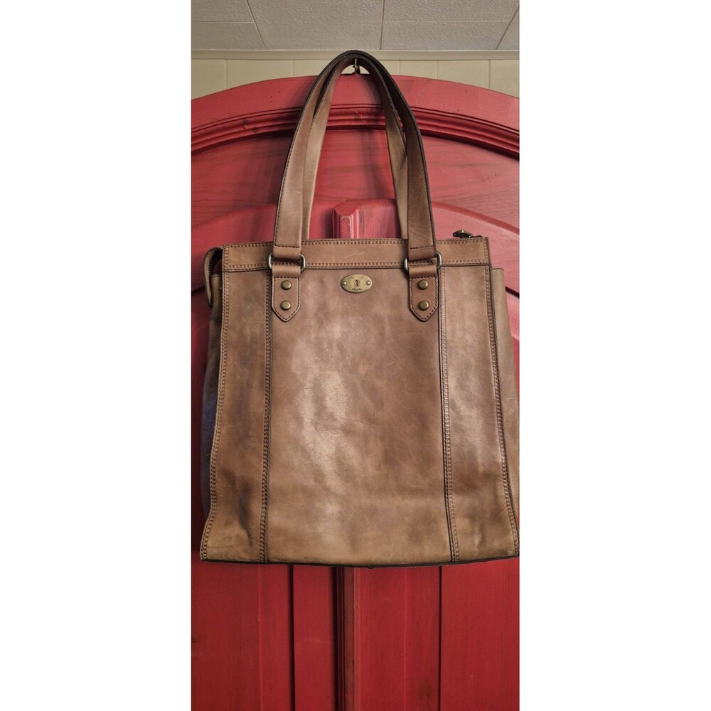 Vintage Fossil Tan Thick Leather Weekender Tote Bag Large Purse Clean EUC
